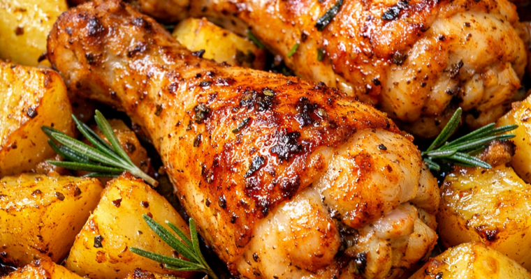 Fusi di pollo al forno con patate (dalla pelle audacemente croccante)