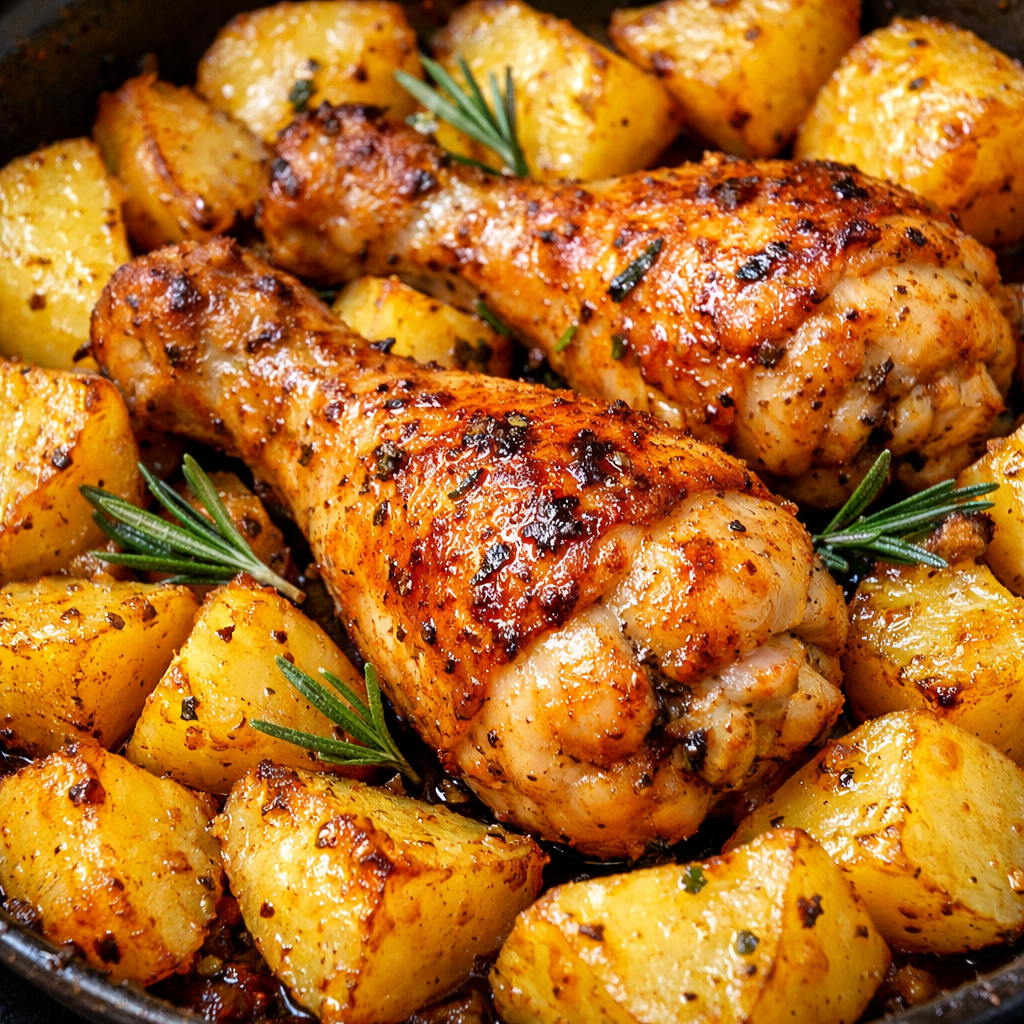 Fusi di pollo al forno con patate (dalla pelle audacemente croccante)