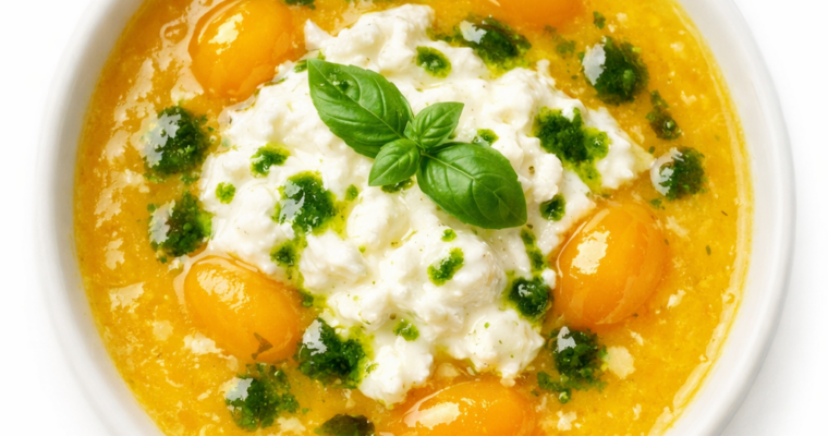 Zuppa di Datterini Gialli con Stracciatella e Olio al Basilico: Il Primo Piatto Cremoso e Rigenerante