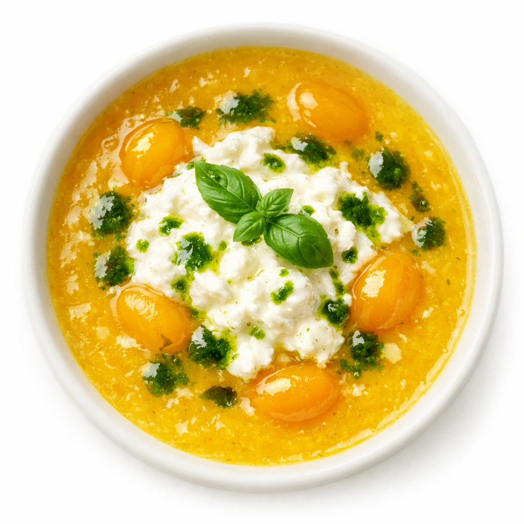 Zuppa di Datterini Gialli con Stracciatella e Olio al Basilico: Il Primo Piatto Cremoso e Rigenerante