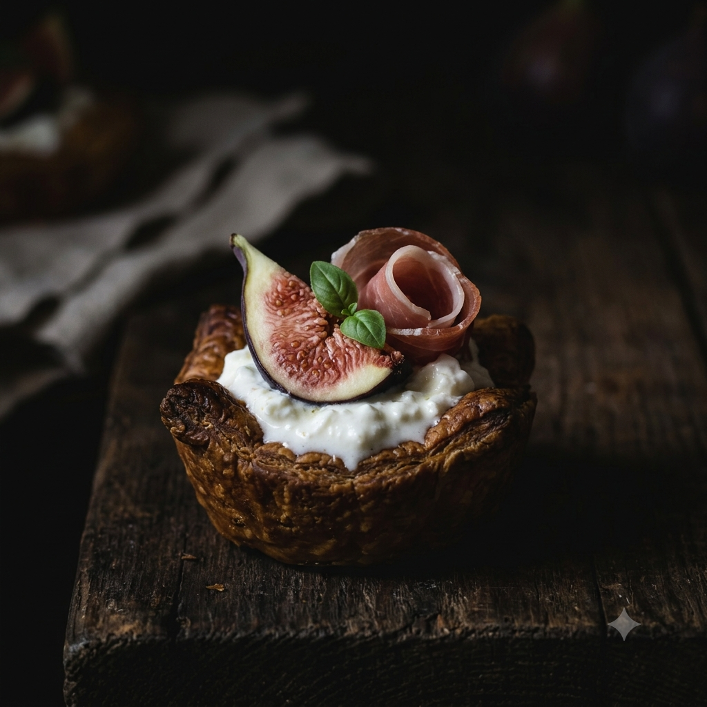 Cestini di Sfoglia con Stracciatella, Fichi e Prosciutto Crudo: L’Aperitivo Elegante e Irresistibile