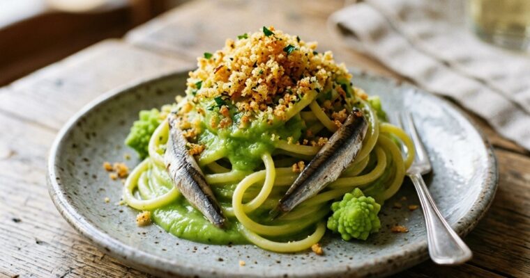 Pasta con Crema di Broccolo Romanesco, Alici e Pangrattato Tostato: Il Primo Piatto Che Sa di Mare e di Casa