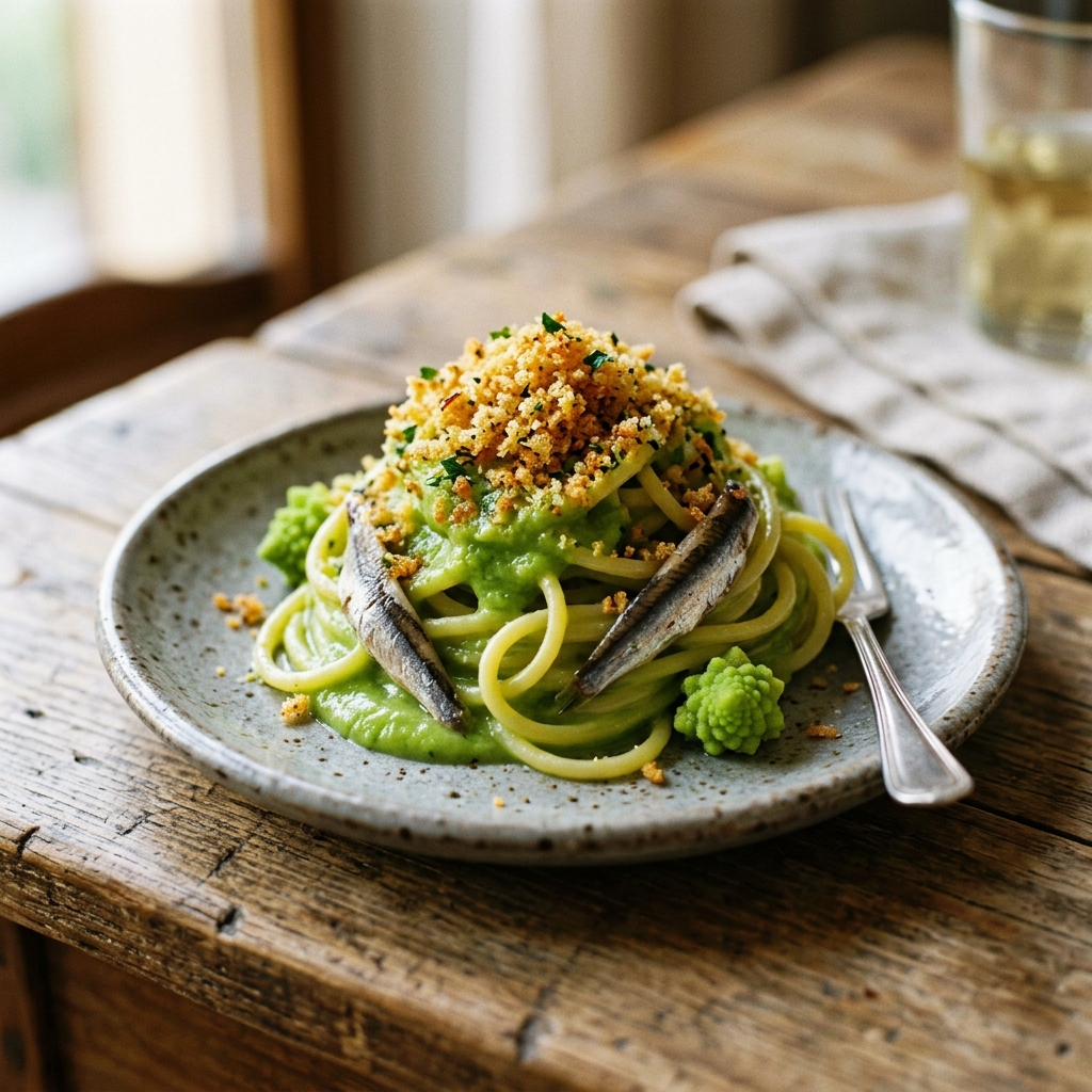 Pasta con Crema di Broccolo Romanesco, Alici e Pangrattato Tostato: Il Primo Piatto Che Sa di Mare e di Casa