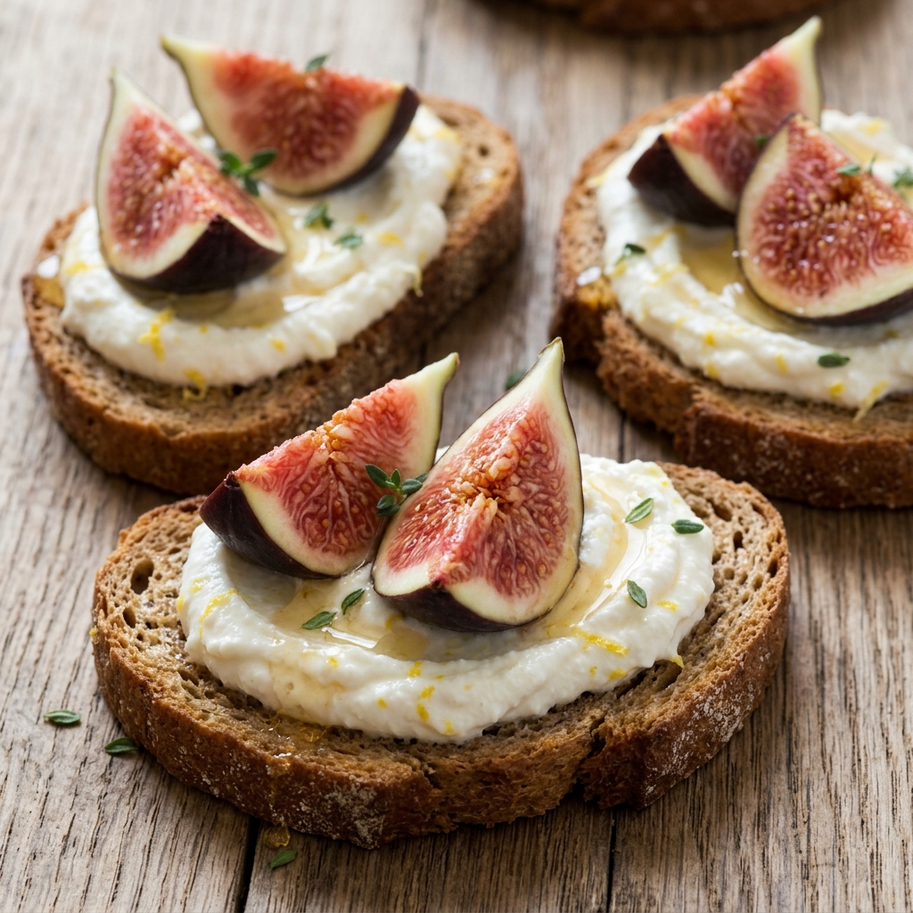 Crostini di Pane di Segale con Crema di Ricotta al Limone e Fichi Freschi: Eleganza Rustica e Sapore Unico