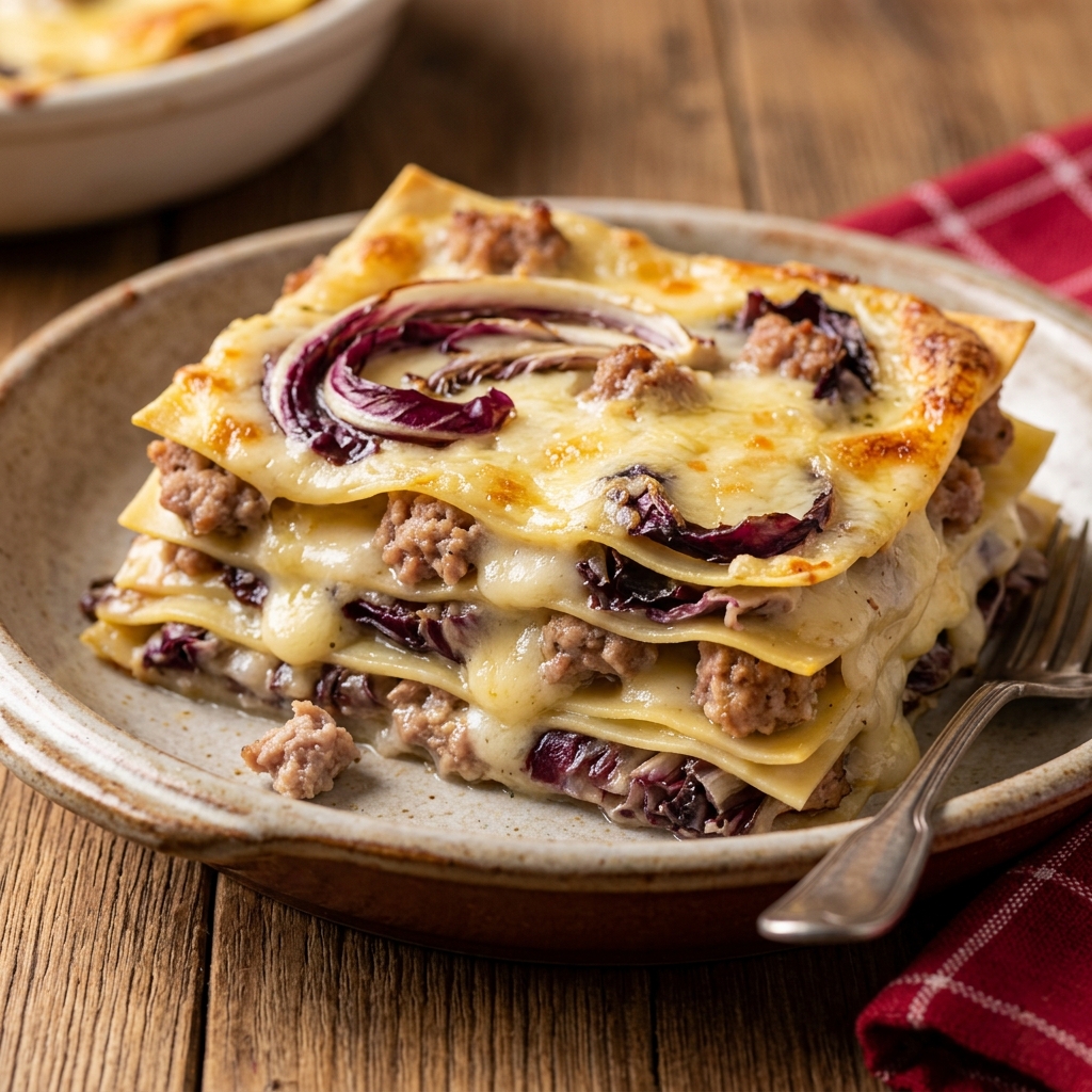 Lasagne Bianche con Radicchio Tardivo, Salsiccia e Taleggio.